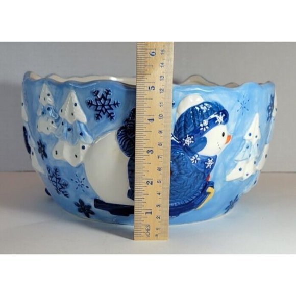 Christmas Snowman in Sweater Blue Snowflake Large Serving Bowl Homespun Holiday - Picture 10 of 10